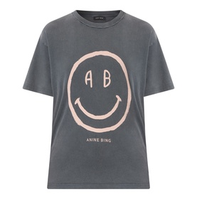 Anine Bing washed grey T-shirt with pink AB smiley face graphic print and crew neck, short sleeves