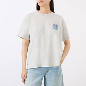 Model wearing Anine Bing Cade Wave Logo T-Shirt in Heather Grey with blue chest logo, paired with light blue jeans.