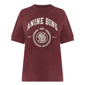 Anine Bing burgundy cotton T-shirt with white collegiate logo graphic print and short sleeves