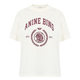 Anine Bing ecru cotton T-shirt with burgundy varsity logo graphic and crew neck, short sleeves.