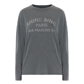 Anine Bing Ivan Paris Stencil Top in black, long-sleeve cotton tee with logo graphic print, round neckline and dropped shoulders