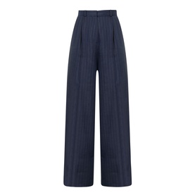 Anine Bing Paola Tonal Striped Trousers in navy pinstripe, high-rise wide-leg cut with front pleats, belt loops, and pressed creases
