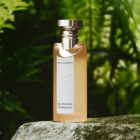 Bulgari Eau Parfum&eacute;e au Th&eacute; Imp&eacute;rial EDT in a pale amber rectangular bottle with silver cap, set on stone among green ferns
