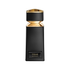 Bulgari Tygar Extrait parfum in black and gold angular bottle with gold cap and engraved brand name