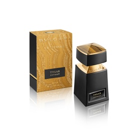 Bulgari Tygar Extrait parfum bottle in black and gold with matching textured golden gift box