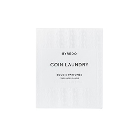 Byredo Coin Laundry Fragranced Candle in white textured box packaging with embossed brand and product name