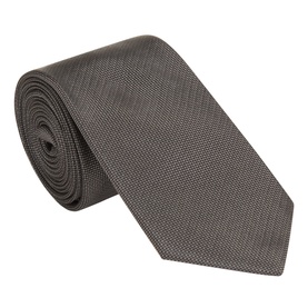 Calvin Klein charcoal silk tie with subtle woven texture, rolled to display full length and width