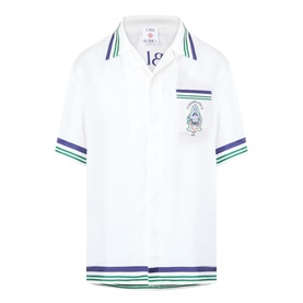 Casablanca Hotel Emblem Silk Shirt in white with green and navy stripe trims, camp collar, short sleeves, and chest emblem patch pocket.