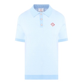 Casablanca Pinstripe Logo Polo Shirt in light blue, flat collar, short sleeves, ribbed trims, diamond logo at chest, knit cotton fabric