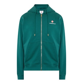 Casablanca Sport Type hoodie in teal green, full zip fastening, drawstring hood, small chest logo, gold-tone zip pull