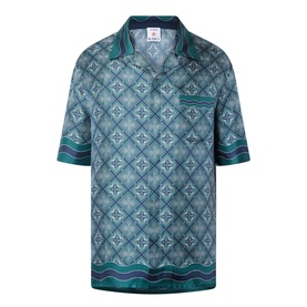 Casablanca Radiating Monogram Silk Shirt in teal, camp collar, short sleeves, chest patch pocket, wavy stripe trims, monogram print