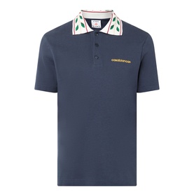 Casablanca Laurel Piqu&eacute; Polo Shirt in navy cotton with embroidered laurel collar, gold logo detail, and button fastening