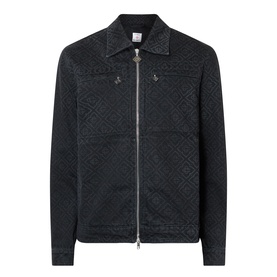 Casablanca black cotton zip-through jacket with allover geometric jacquard pattern, spread collar, and small logo appliqu&eacute; at chest