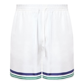 Casablanca Hotel Emblem Silk Shorts in white with navy and green stripe trim hem, elasticated drawstring waistband