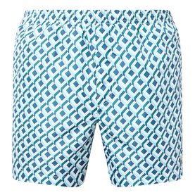Casablanca Monogram Motif Swim Shorts in Cubist CC Monogram print, white with teal geometric pattern and elasticated waistband