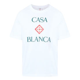 Casablanca Diamond Logo T-Shirt in white, round neckline, short sleeves, stacked Casa Blanca graphic print with diamond logo in green and pink.