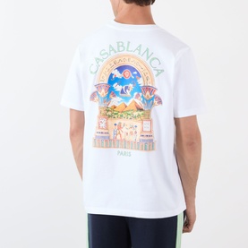 Model wearing Casablanca Classic Logo Graphic T-Shirt in white, Egyptian Arch graphic print visible on back, round neck, short sleeves.