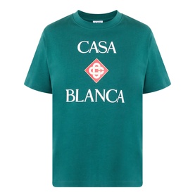 Casablanca Diamond Logo T-Shirt in teal with stacked Casa Blanca text and diamond logo graphic print, round neckline, short sleeves