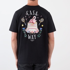 Model wearing Casablanca Casa Way Logo Graphic T-Shirt in black, rear view showing flamingo tennis-themed graphic print with Casa Way text.