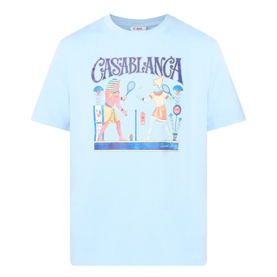 Casablanca Egyptian Tennis Match Logo T-Shirt in light blue with Egyptian-style tennis players graphic print and crew neckline