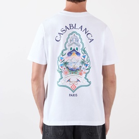 Model wearing Casablanca Classic Logo Graphic T-Shirt in white, showing back graphic with Hotel Emblem crest print, round neck, short sleeves.
