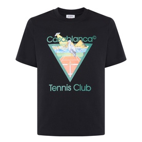 Casablanca Tennis Club Icon Pyramid Abduction T-Shirt in black with multicolour tennis court triangle graphic print at chest