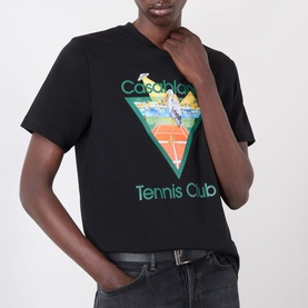 Model wearing Casablanca Tennis Club Icon Pyramid Abduction T-Shirt in black with tennis court triangle graphic print, styled with dark jeans