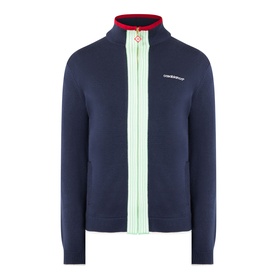 Casablanca Logo Merino Wool Track Jacket in navy with mint zip stripe, red collar lining, branded diamond zip puller and ribbed trims
