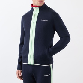 Model wearing Casablanca Logo Merino Wool Track Jacket in navy with mint green zip stripe, red collar trim, paired with matching navy track trousers.