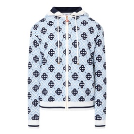Casablanca Monogram Logo Zip Sweatshirt in CC Monogram, white and navy all-over logo print, zip-through, hooded with drawstring, ribbed trims