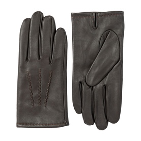 Dents brown leather men's gloves with contrast stitch detail and classic three-point back, pair shown front and back