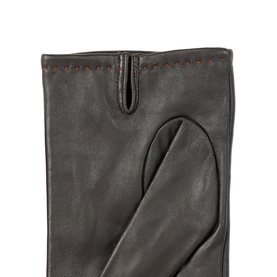 Dents brown leather gloves with contrast stitching detail along cuff edge, back-of-hand view