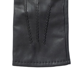 Dents black leather gloves close-up showing decorative whipstitch detail on back panel