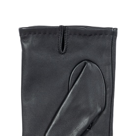 Dents black leather gloves, menswear, showing palm detail with stitched trim and smooth finger panel
