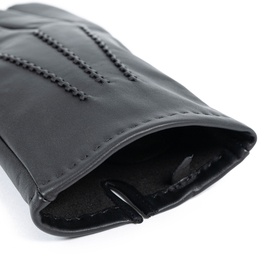 Dents black leather gloves with stitch detail and fleece lining, close-up of cuff opening