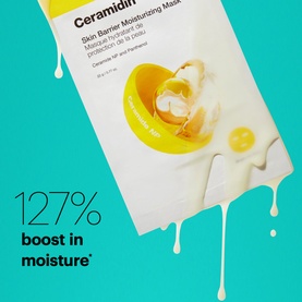 Dr Jart Ceramidin Skin Barrier Moisturising Sheet Mask packet with dripping serum and 127% boost in moisture claim on teal background
