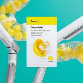Dr.Jart+ Ceramidin Skin Barrier Moisturising Sheet Mask single packet shown against teal background with capsule props