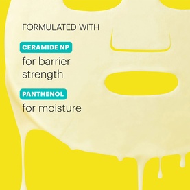 Dr Jart Ceramidin Skin Barrier Moisturising Sheet Mask infographic highlighting Ceramide NP for barrier strength and Panthenol for moisture