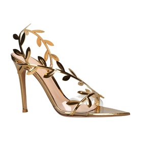 Gianvito Rossi gold stiletto sandal with clear PVC straps and metallic leaf embellishments, pointed toe and slim high heel