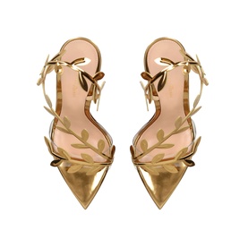 Gianvito Rossi gold pointed-toe heels with metallic leaf vine ankle strap detailing and nude insole, pair shown from above