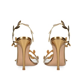 Gianvito Rossi gold stiletto sandals with metallic leaf-embellished ankle straps, shown from the rear on a white background