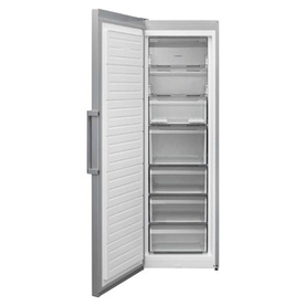 Nordmende 60cm Freestanding 186cm Tall NoFrost Freezer in silver stainless steel, shown open revealing multiple drawers and shelves