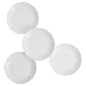 Royal Doulton white dinner plates set of four, with embossed concentric ring detail on rims, shown on white background.