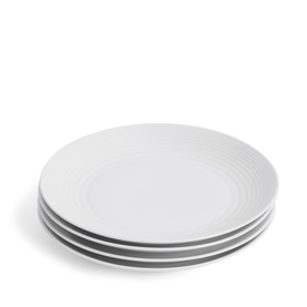 Royal Doulton white ceramic dinner plates set of four, with ribbed concentric ring detail, stacked on white background.