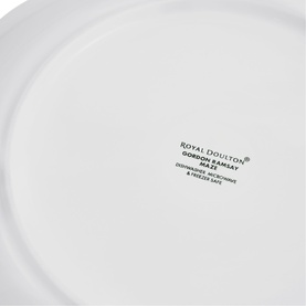 Royal Doulton Gordon Ramsay white ceramic plate, base view showing brand stamp and dishwasher, microwave and freezer safe markings