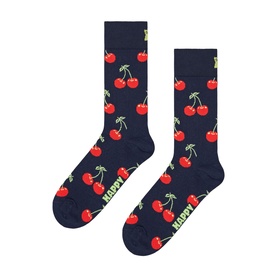 Happy Socks navy crew socks with all-over red cherry print and green stems, displayed flat as a pair.