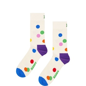 Happy Socks cream crew socks with multicoloured polka dots, purple heel and cuff, blue toe, displayed as a pair
