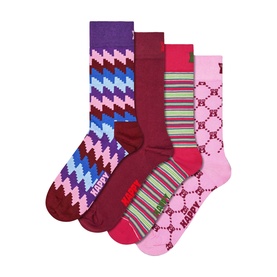 Happy Socks 4-pack gift set in pink, burgundy and purple with zigzag, stripe, and geometric patterns