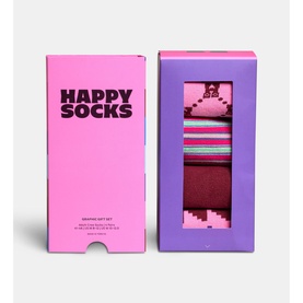 Happy Socks graphic gift set in pink and purple box, featuring striped socks in pink, burgundy, and multicolour patterns