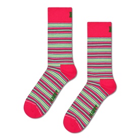 Pink and green multicolour striped crew socks with pink heel and toe, shown as a pair laid flat.